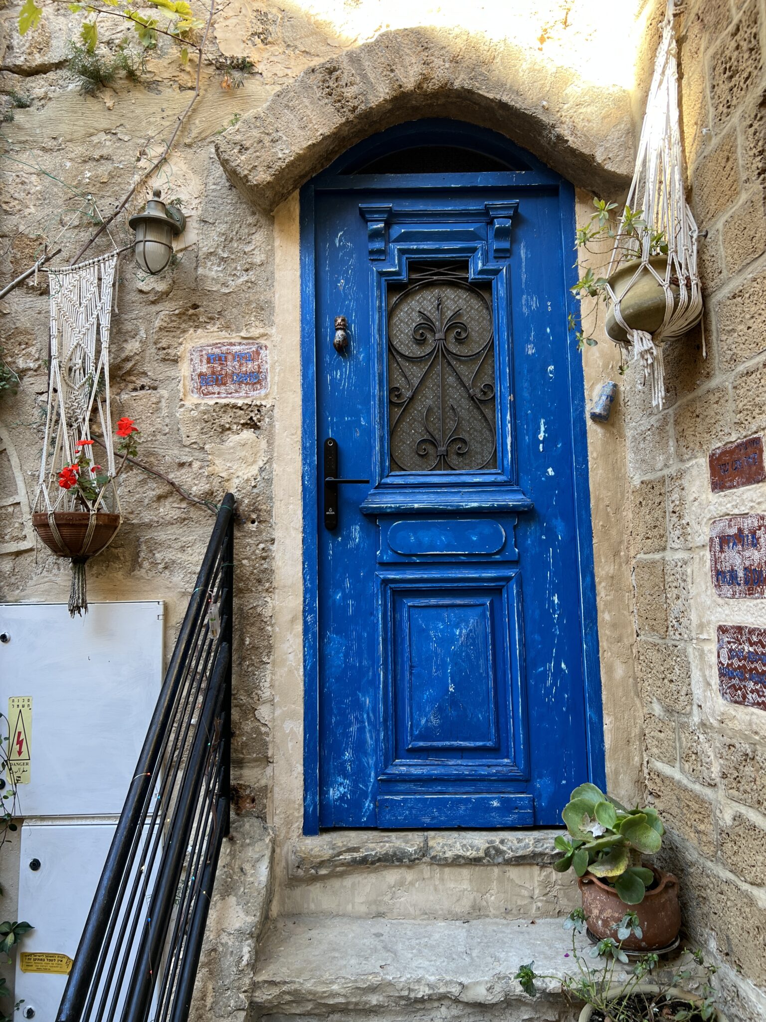 Old Jaffa, schöne blaue Tür in hellem Sandstein, daneben zwei Blumenkübel an der Wand und einer auf dem Boden, von oben strahlt die Sonne ins Bild